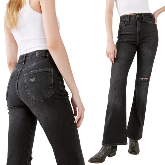 Urban Outfitters BDG Jeans Stretch High Rise Flare Leg Distressed Denim Black 26 - Picture 2 of 9